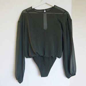 Wilfred Bishop Sleeve Olive Green Chiffon Blouse Bodysuit
